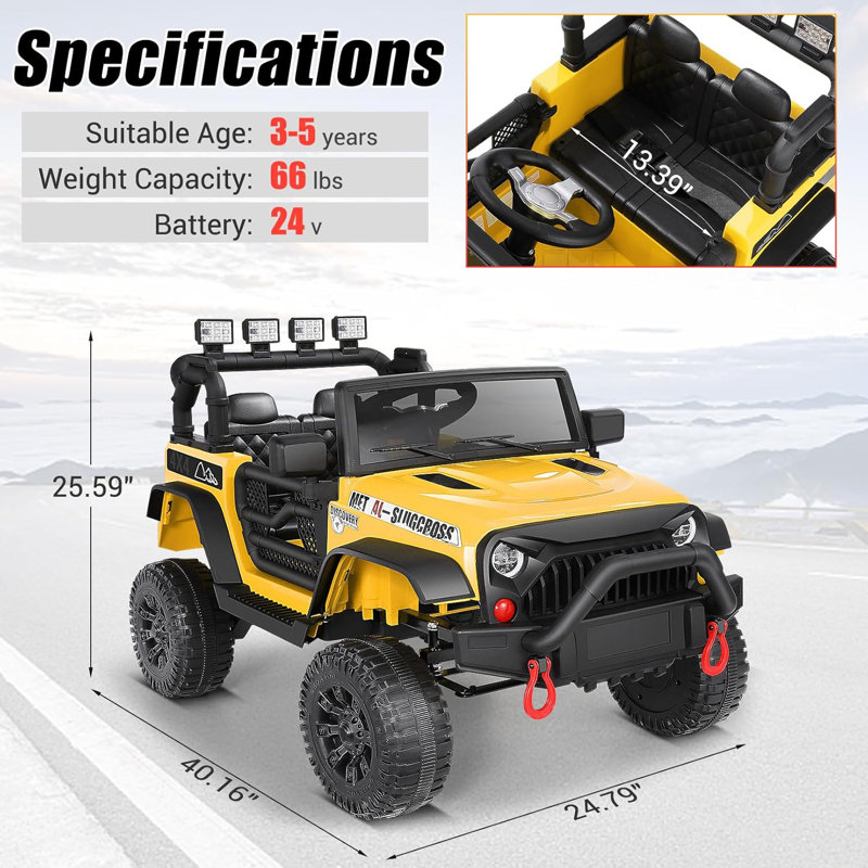DreamDwell Home 24V Electric Ride on Jeeps for Kids Ride On Car Truck with Remote Control Battery Power Car Wheels for Kids w LED Lights Bluetooth Music 3 Speeds 24 Volt Ride on